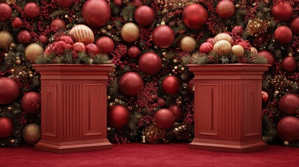 red ornaments christmas sale backdrop features realistic festive atmosphere around two decorated podiums