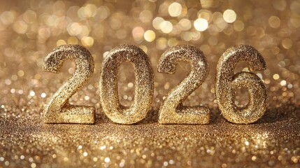 sparkling golden 2026 numerals shimmer under dramatic stage spotlights on a glittercovered surface celebrating future success and new beginnings