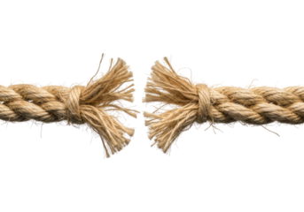 Frayed Rope Breaking in Tension, Cut Out, Clipping Path, Isolated on a Transparent PNG Background.