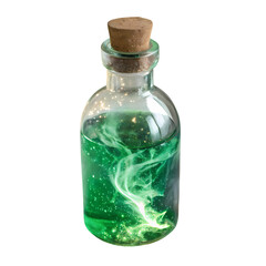Mystical green potion in glass bottle with cork