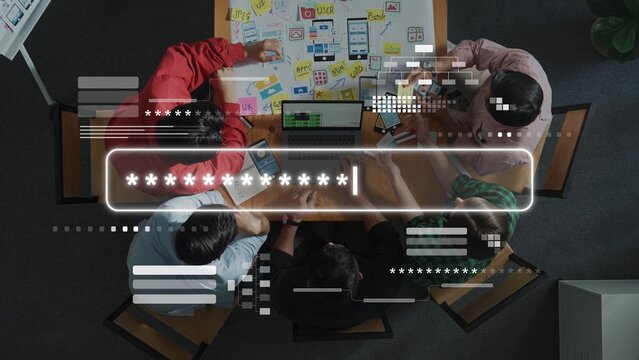 Aerial view of a diverse team engaged in a brainstorming session, utilizing sticky notes and a laptop in a modern office, fostering creativity and collaboration. Raster - Powered by Adobe