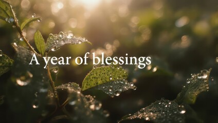 A year of blessings - Dew drops on leaves in the morning light.