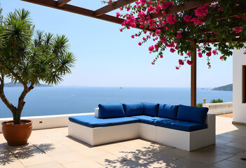 Fototapeta premium Luxury Mediterranean terrace with blue sofa and beautiful sea view 