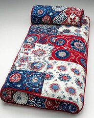 Quilted roll-up mattress with floral patterns of red, white, and blue