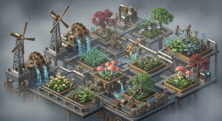 Isometric Steampunk Garden - A Detailed and Whimsical Illustration.