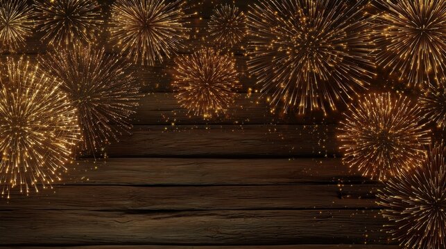happy new year 2025 festive fireworks background golden fireworks celebration night sky dark wooden texture