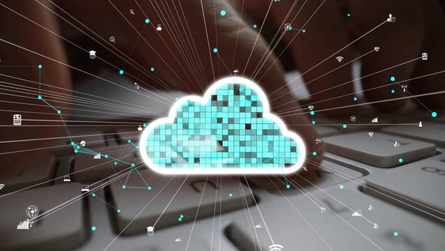 Hands typing on a keyboard with a digital cloud graphic representing data flow and connectivity, illustrating modern digital transformation in technology. Xenic
