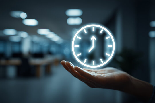 a hand holding an arrow symbol pointing to the right with a time icon floating above it, in a blurred office background. the concept of money and business success.