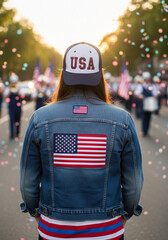 Fototapeta premium A person wearing patriotic attire stands proudly with the American flag.