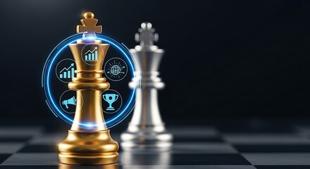 Strategic business leadership with digital icons on a golden chess king piece