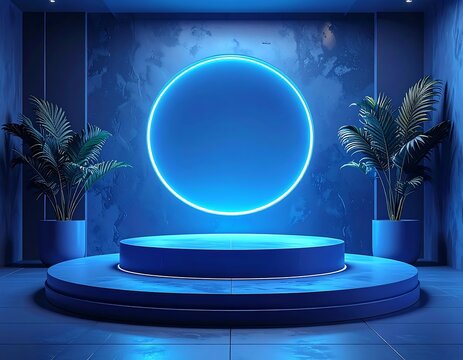 Modern stage with a glowing circle and potted plants