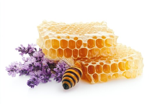 A close-up view of a honeycomb with a bee perched on it, surrounded by lavender flowers. - Powered by Adobe