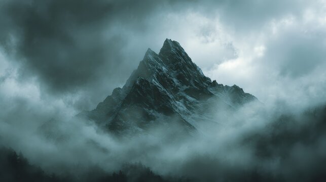 Majestic snow-capped mountain peak shrouded in dark, moody clouds.