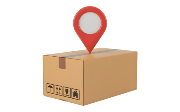 Red map pin on cardboard shipping box isolated on transparent background