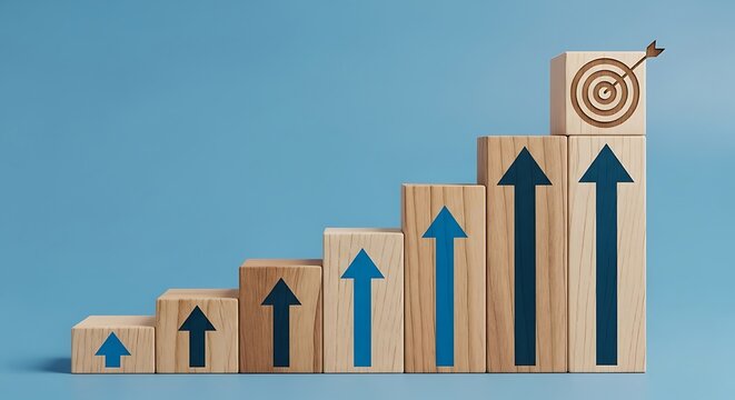 Staircase of wooden blocks with upward arrows leading to target on blue background - Powered by Adobe