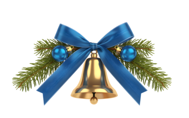 Golden christmas bell with blue ribbon and ornaments isolated on transparent background