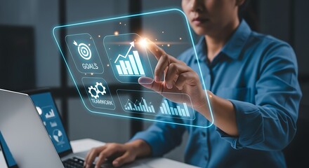Businesswoman interacts with holographic display for data analysis, goals, success