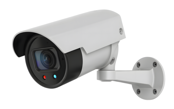 Security camera with lens and indicator lights isolated on transparent background