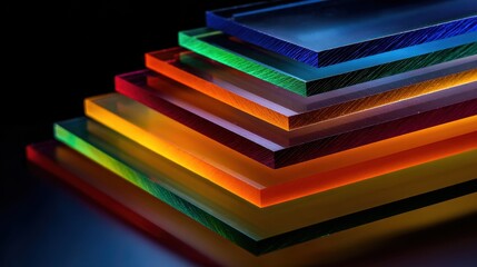 Stack of colorful acrylic glass sheets with a glossy surface and vibrant color spectrum