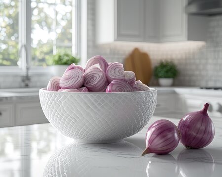 Sliced red onions fill a white bowl on a marble countertop in a bright kitchen - Powered by Adobe