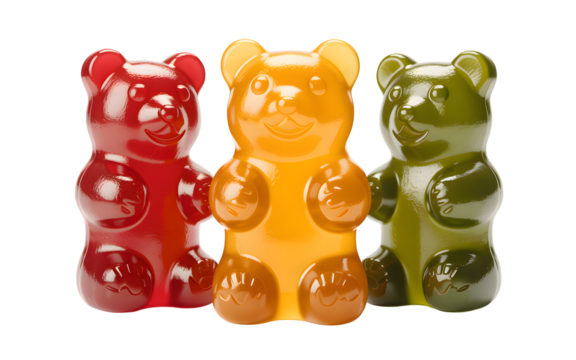 Three gummy bears in red orange and green isolated on transparent background - Powered by Adobe