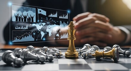 Global business strategy with golden chess king and holographic data charts.