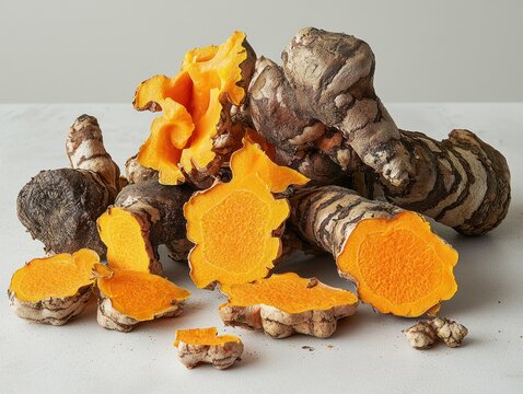 Sliced turmeric rhizomes show vibrant orange interior, contrasted with dark rind