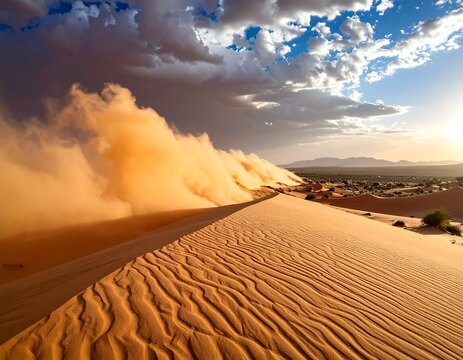 Sandy desert landscape with a dust storm under a cloudy sky