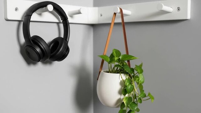 Headphones and plant hanging on wall hooks in an interior corner setting