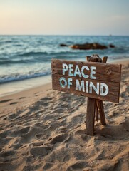 peace of mind wooden sign with a beach on background  no logos no brands ar 34