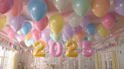 colorful balloons forming 2025 for a new year celebration in a room with pastel triangle flags hanging from the ceiling the space is prepared for a party with no people
