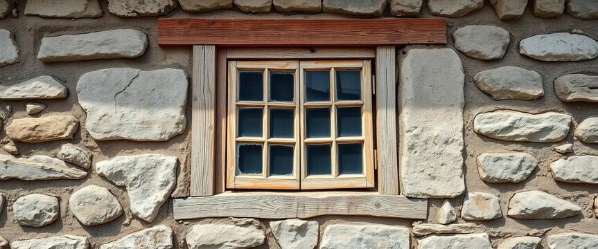 Timeworn window, weathered wood frame in ancient stone wall, glass, heritage