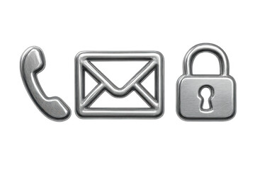 Contact us metallic icons representing secure online communication, including phone, email, and a padlock on transparent background