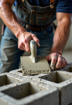 Man with a masonry trowel in hand, meticulously applying cement to cinder blocks on construction site 