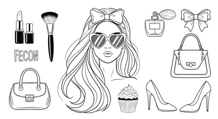 Obraz premium Fashion and beauty essentials illustration set, depicting a stylish woman, handbags, makeup, perfume, high heels, and a sweet cupcake.