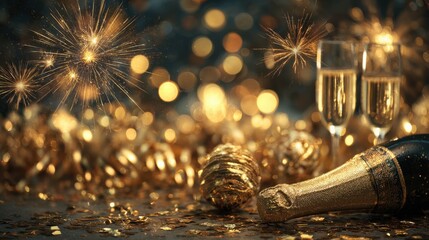 a vibrant great new year festival scene with fireworks and celebration with an object focused gold colors dominant a new hope for better future