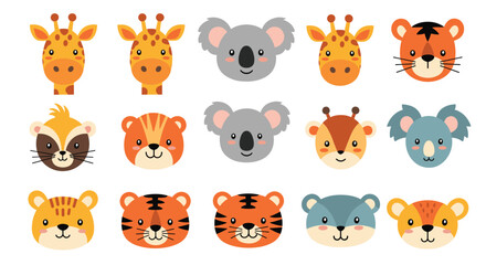 Obraz premium A delightful collection of cute cartoon animal faces, including giraffes, koalas, tigers, and bears, perfect for children's designs.