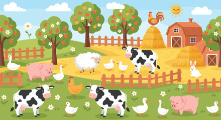 A cheerful and vibrant cartoon farm scene bustling with an assortment of domestic animals, fruit trees, barns, and hay bales under a sunny sky.