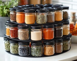 Tiers of spices filled into glass jars