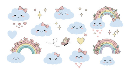 Fototapeta premium Sweet illustration featuring kawaii clouds, floral rainbows, hearts, and a butterfly, perfect for kid's projects.