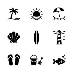 Summer icons set: beach, sun, palm tree, surfboard, and more