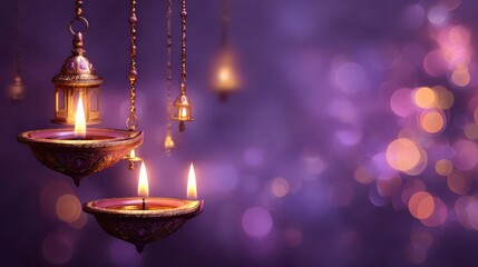 happy diwali greeting with traditional oil lamps diyas illuminated and hanging lanterns against a festive purple background with bokeh lights celebrating the festival of lights