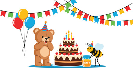 Fototapeta premium Cute teddy bear and happy bee celebrate a birthday party with a tiered cake, balloons, and colorful decorations.