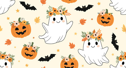 Fototapeta premium Adorable Halloween seamless pattern featuring cute ghosts wearing floral crowns, smiling jack-o'-lanterns, flying bats, and colorful autumn leaves.