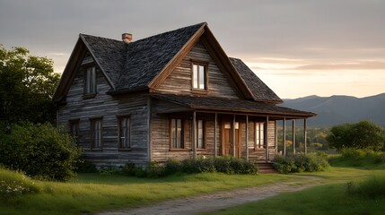 An aged wooden house with a gabled roof and weathered porch sits peacefully in a quiet rural landscape during the golden hour