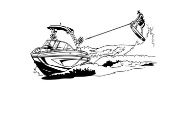 A wakeboard boat pulling a wakeboarder doing a trick.
