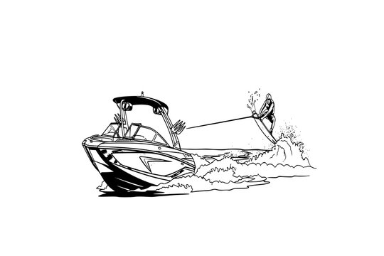 A wakeboard boat pulling a wakeboarder doing a trick.
