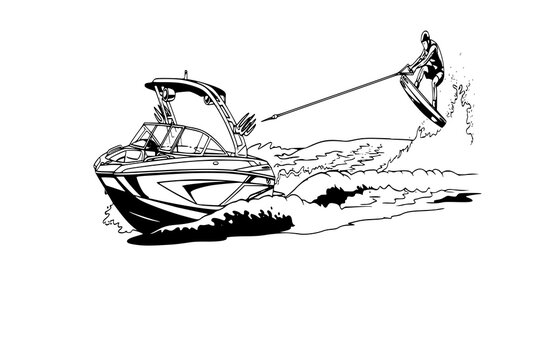 A wakeboard boat pulling a wakeboarder doing a trick.
