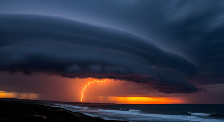 Lightning strikes over the ocean during a dramatic sunset with dark storm clouds above the water