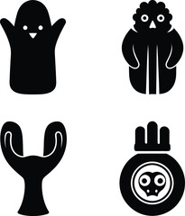 Set of fantasy forest spirit and animated cartoon character black silhouette vector icon collection for mythical design elements.